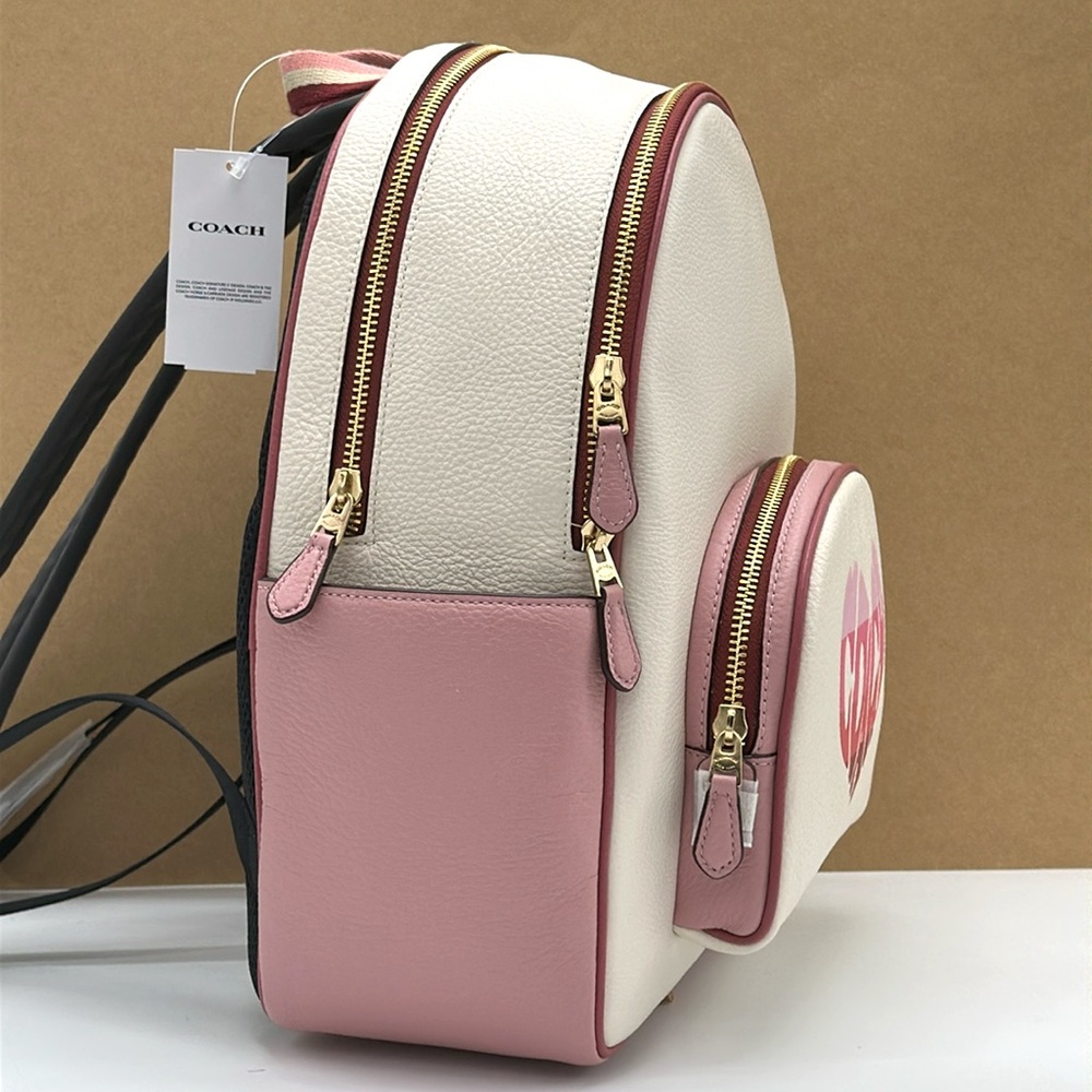 Coach Court Stripe Heart Motif Pebble Leather Chalk White Backpack - Picture 7 of 16